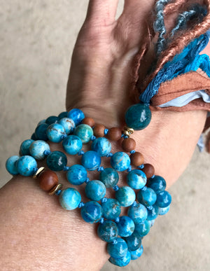 Apatite and Sandalwood Long Tassel Mala Necklace for Knowledge, Wisdom and Intuition
