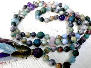 DRUZY MALA BEADS Rose Quartz Mala Necklace Aquamarine Multi-Gemstone Tassel Necklace Boho Jewelry