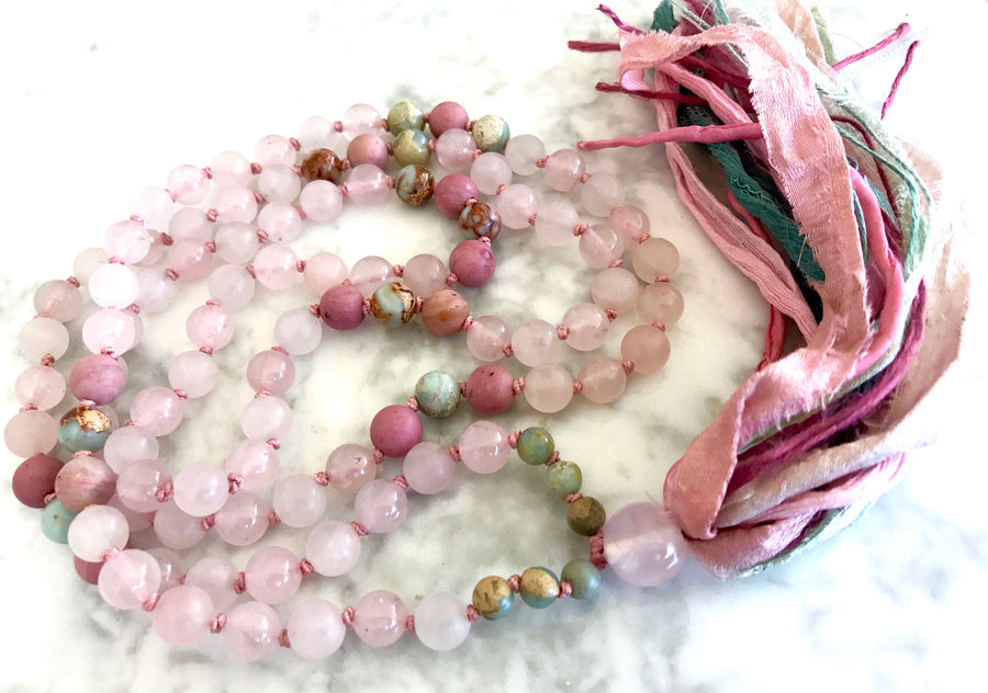 ROSE QUARTZ MALA Necklace 108 Mala Beads Rose Quartz Tassel Necklace Heart Chakra Yoga & Meditation Gift Healing Crystals