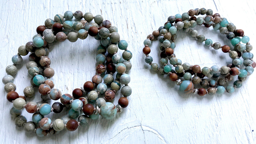 African Opal and Sandalwood Mala Beads for Stress Relief and Contentment