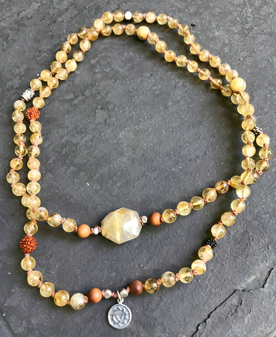 Citrine Necklace, Sandalwood Mala Beaded Bracelet Boho Jewelry Solar Plexus Chakra Healing Jewelry