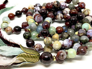 108 Gemstone Root Chakra Mala Beads Red Lightning Agate, Garnet and Aquamarine for Spiritual Awareness and Meditation
