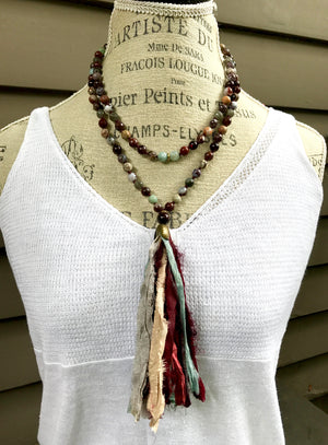 108 Gemstone Root Chakra Mala Beads Red Lightning Agate, Garnet and Aquamarine for Spiritual Awareness and Meditation