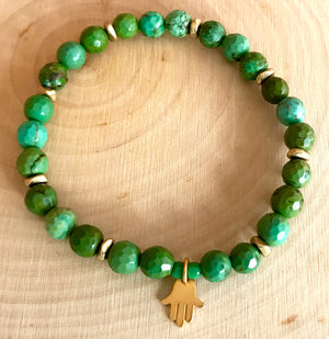 Petite Green Turquoise Stretch Bracelet with Vermeil Evil Eye Charm for Protection and Healing