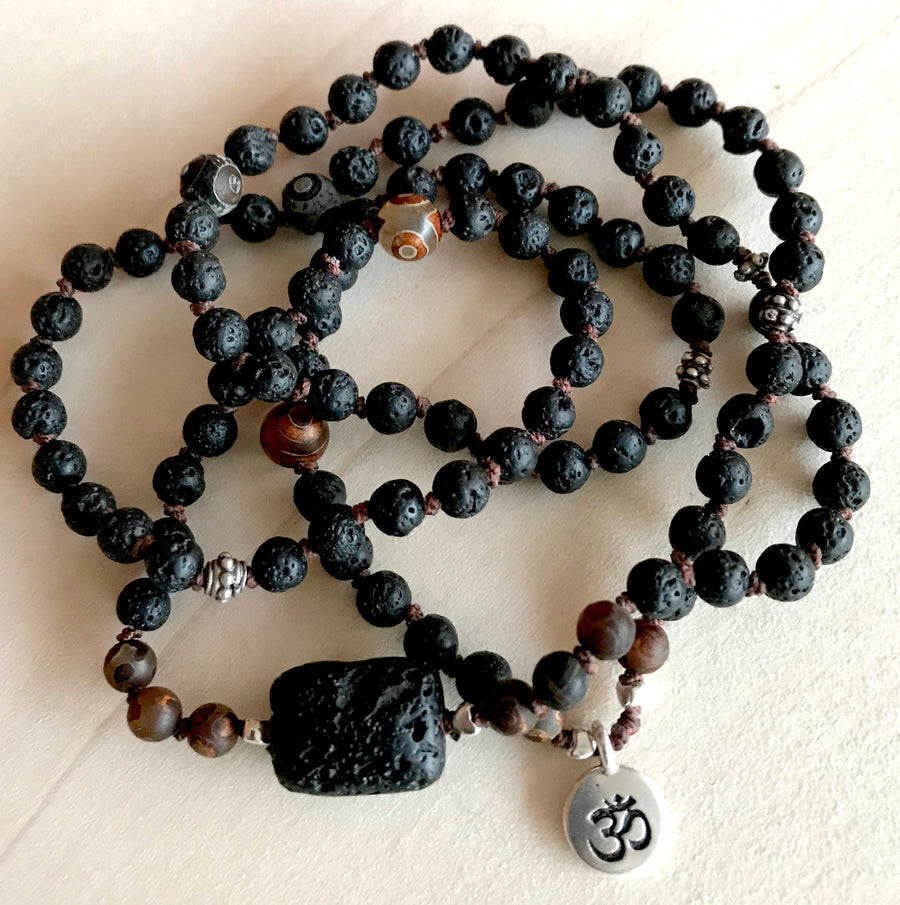 BOHO Black Lava and Dzi Essential Oil Diffuser Knotted Mala Bracelet with your choice of an OM or LOTUS Symbol