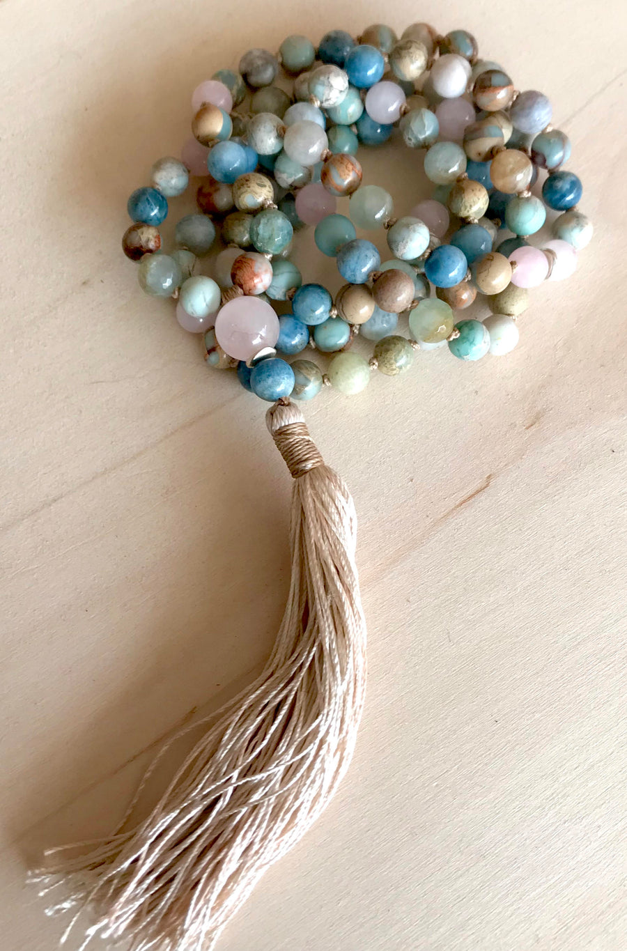 YOGA JEWELRY 108 Mala Beads Meditation Beads Aquamarine Necklace African Opal Rose Quartz Healing Gemstones