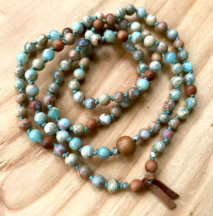 Bohemian 108 African Opal and Sandalwood Mala Knotted Bracelet for Stress Relief and Good Luck