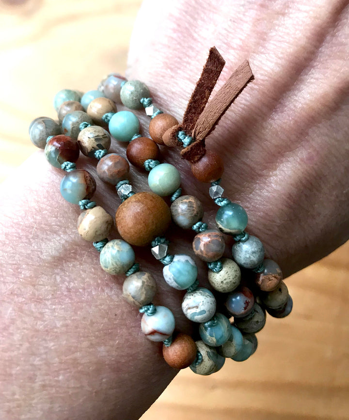 Bohemian 108 African Opal and Sandalwood Mala Knotted Bracelet for Stress Relief and Good Luck