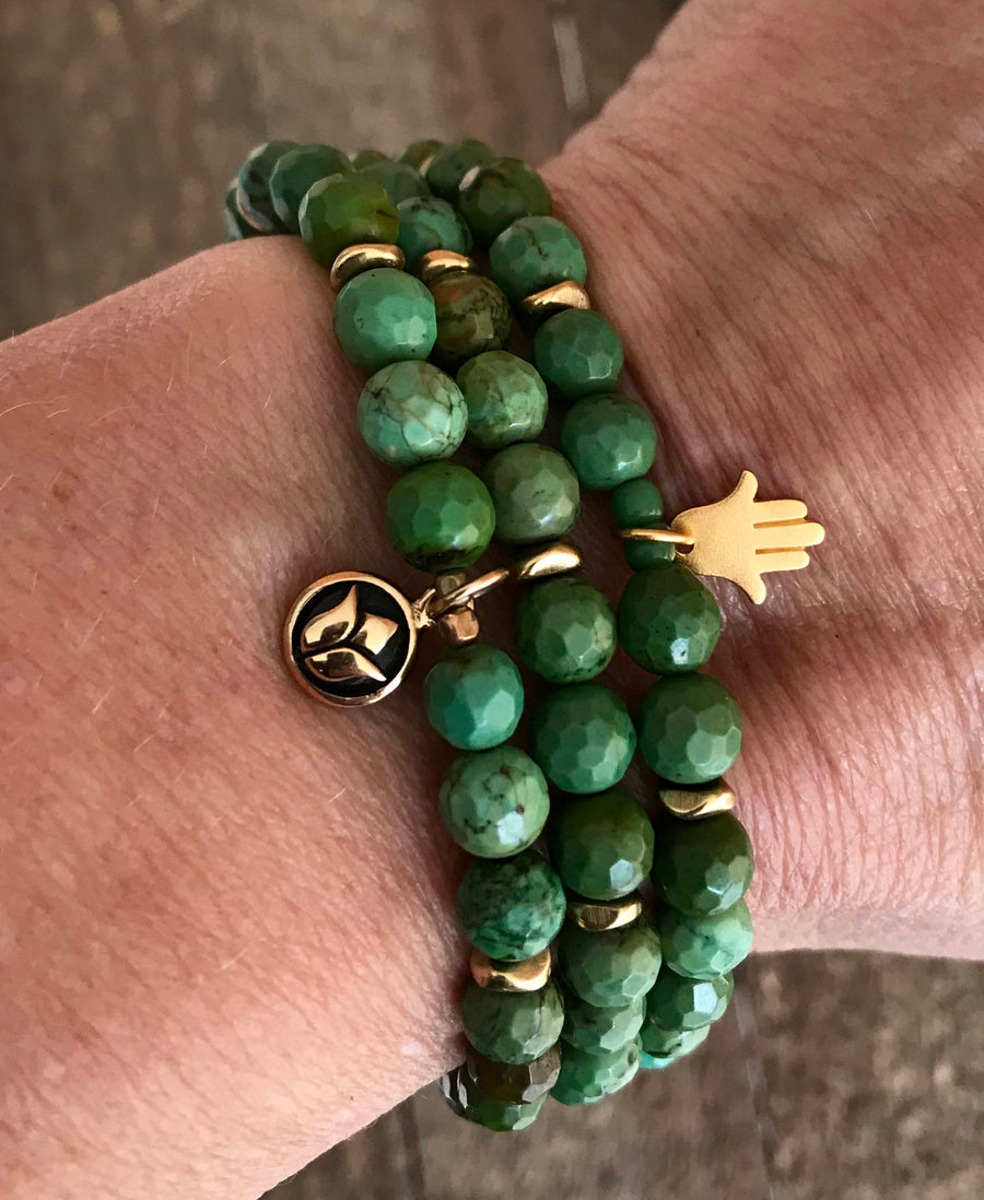 Petite Green Turquoise Stretch Bracelet with Vermeil Evil Eye Charm for Protection and Healing