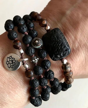 BOHO Black Lava and Dzi Essential Oil Diffuser Knotted Mala Bracelet with your choice of an OM or LOTUS Symbol