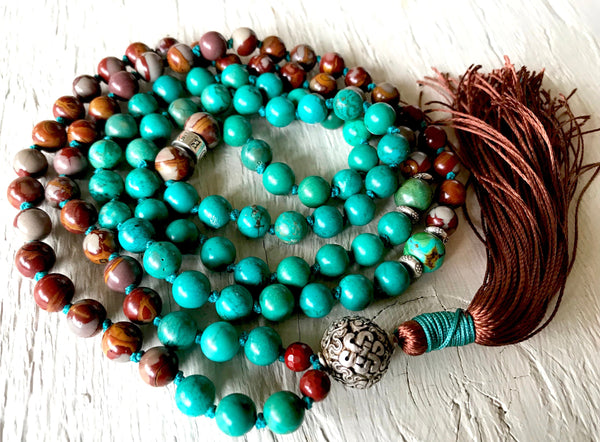 Boho Turquoise & Jasper Mala Necklace with a Tibetan Endless Knot Symb –  Naked Planet Jewelry