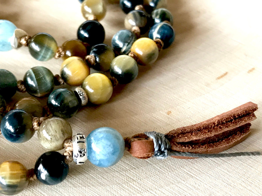 Honey Tiger Eye and Aquamarine 108 Knotted Bracelet to Protect from the Evil Eye