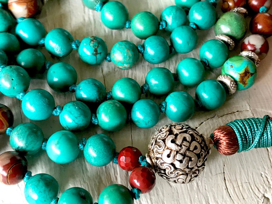 Boho Turquoise & Jasper Mala Necklace with a Tibetan Endless Knot Symbol Guru Bead for Protection