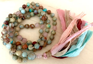 Breast Cancer Survivor African Opal and Rose Quartz Healing Mala Prayer Beads for Healing, Strength and Self Love