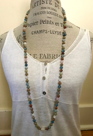 MOONSTONE MALA BEADS Aquamarine Rose Quartz African Opal Infinity Necklace Wrap Bracelet Goddess Healing Crystals Knotted Prayer Beads