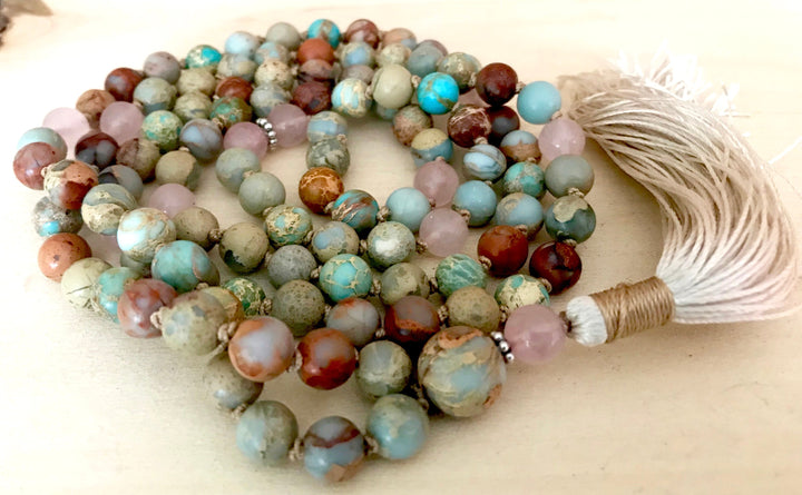 Bohemian African Opal and Rose Quartz Yoga Prayer Beads for Good Luck and Prosperity