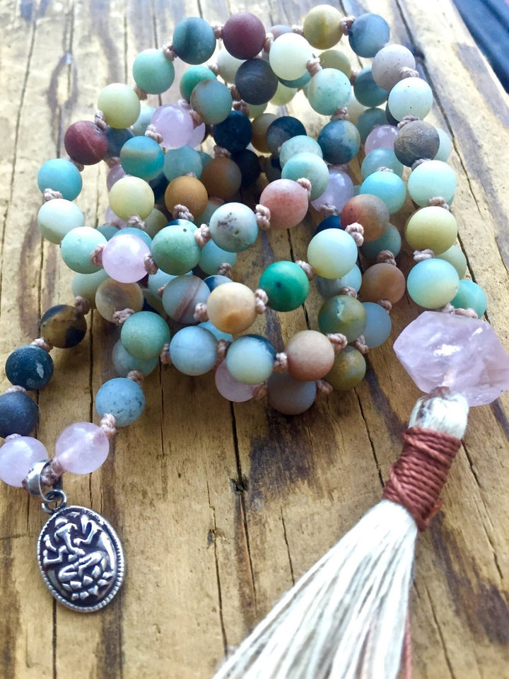 Rose Quartz Necklace Amazonite Tassel Necklace Boho Jewelry Japa Mala  Lotus Charm Spiritual Gift