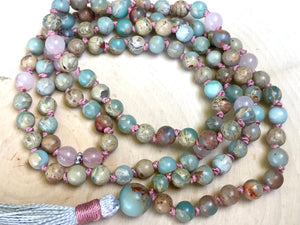 Mala Beads for Stress Relief, Strength, Unconditional Love and Happiness, African Opal and Rose Quartz Mala Beads