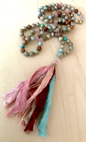 Breast Cancer Survivor African Opal and Rose Quartz Healing Mala Prayer Beads for Healing, Strength and Self Love