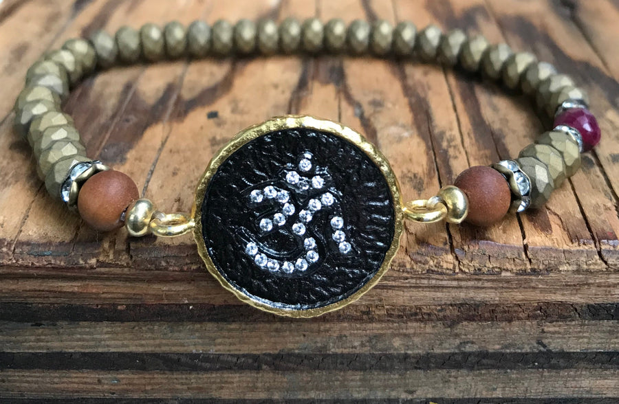 Boho Hematite and Sandalwood Stretch Yoga Symbol Bracelet