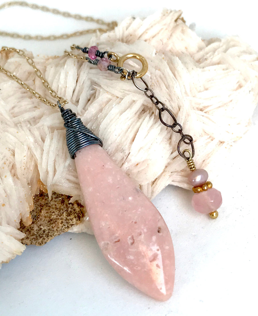 Pink Opal Pendant Necklace, Mixed Metal Layered Necklace October Birthstone Silver and Gold