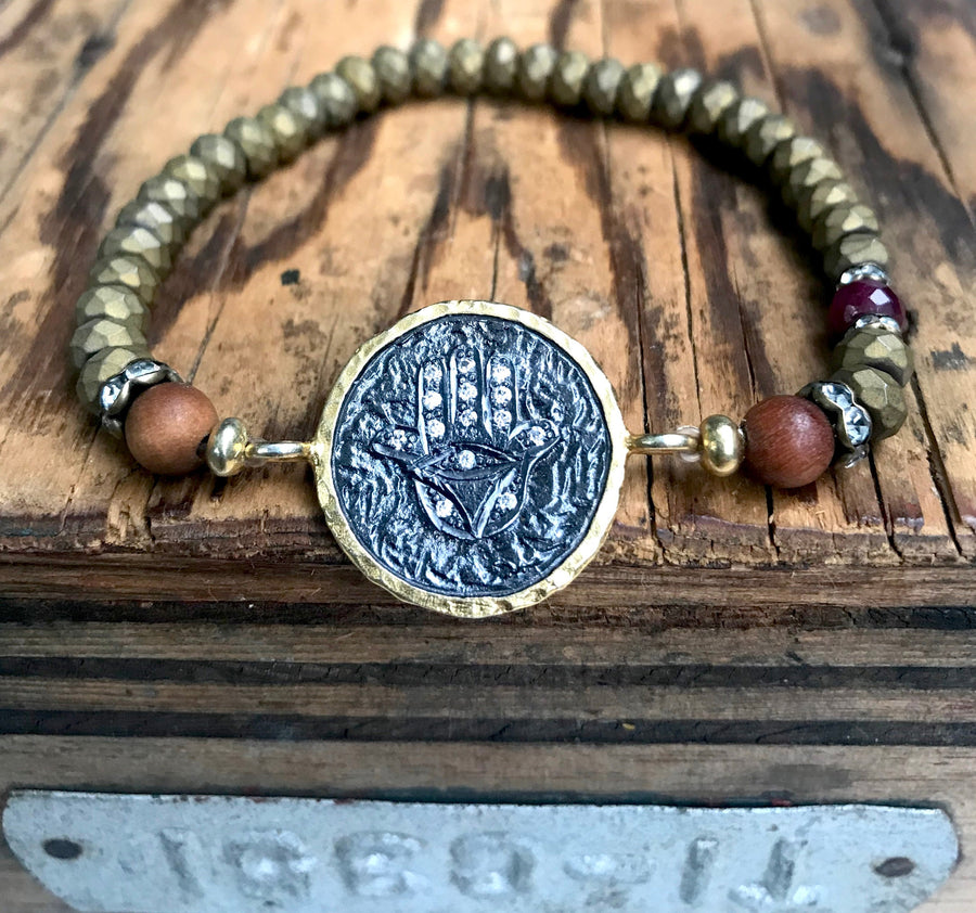 Boho Hematite and Sandalwood Stretch Yoga Symbol Bracelet