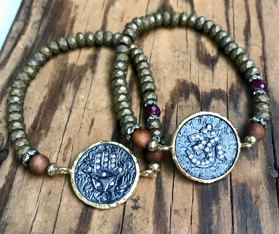 Boho Hematite and Sandalwood Stretch Yoga Symbol Bracelet