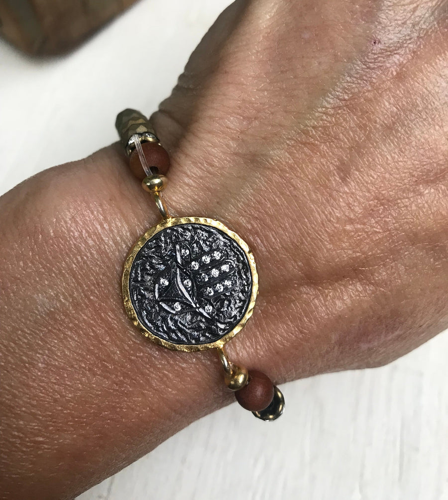 Boho Hematite and Sandalwood Stretch Yoga Symbol Bracelet