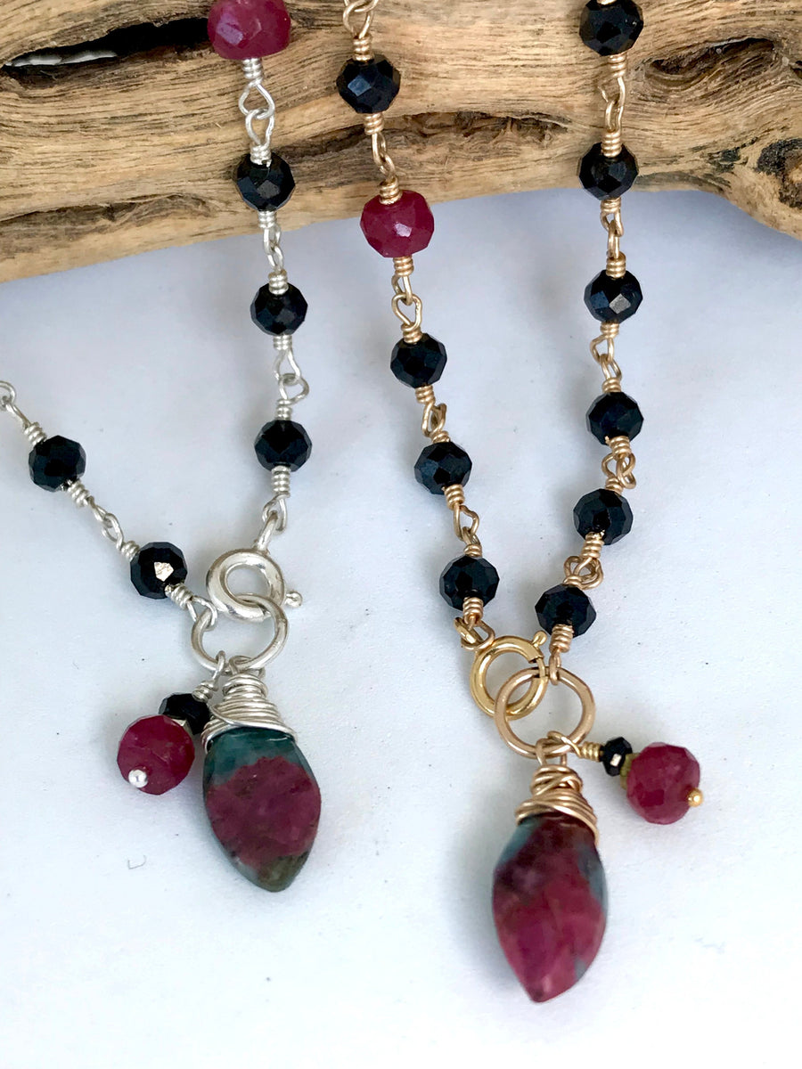 Delicate Black Spinel Bracelet Wire Wrapped with Ruby Zoisite and Ruby