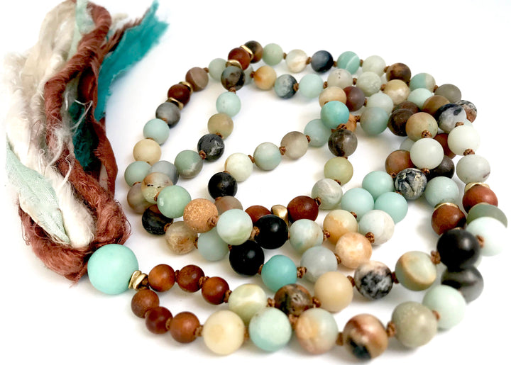 I am Calm Amazonite Mala Beads Sandalwood Mala Necklace Long Tassel Necklace Boho Yoga Jewelry