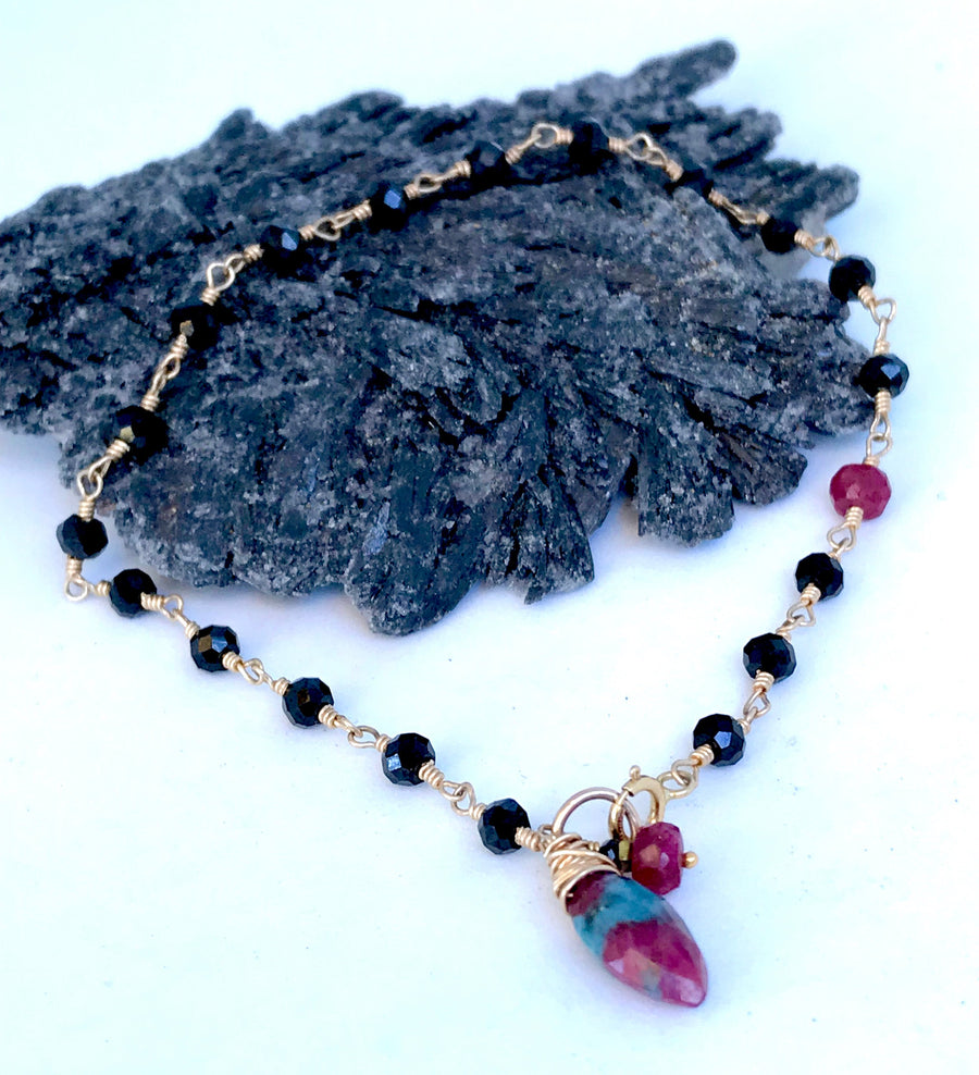 Delicate Black Spinel Bracelet Wire Wrapped with Ruby Zoisite and Ruby