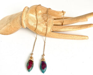 Long Threader Earrings Ruby Zoisite Dangle Earrings Ruby Jewelry Sterling Silver 14K Gold Filled