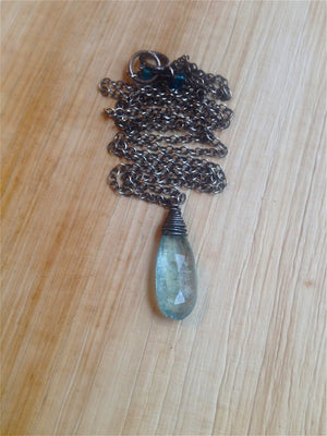 Moss Aquamarine Pendant Necklace Wire Wrapped on Oxidized Sterling Silver Chain