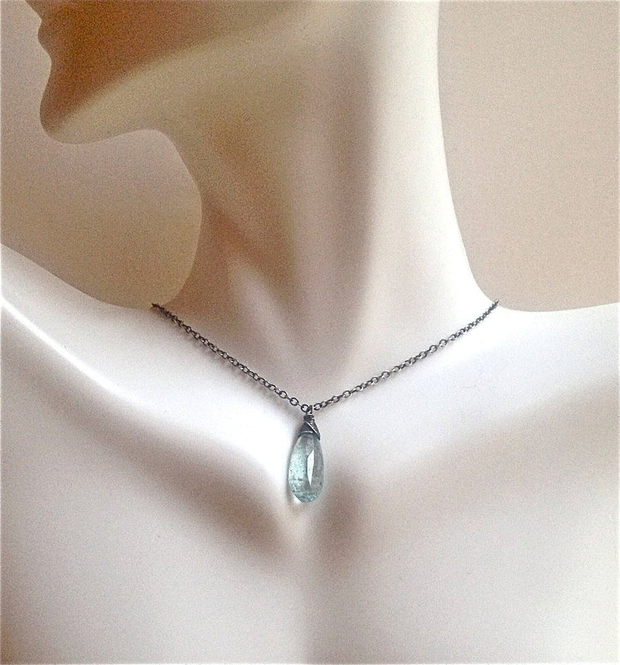 Moss Aquamarine Pendant Necklace Wire Wrapped on Oxidized Sterling Silver Chain