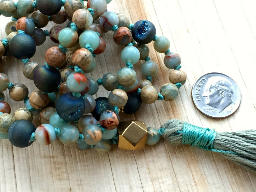 Mala Beads for Strength and Clarity African Opal and Druzy 108 Mala Necklace