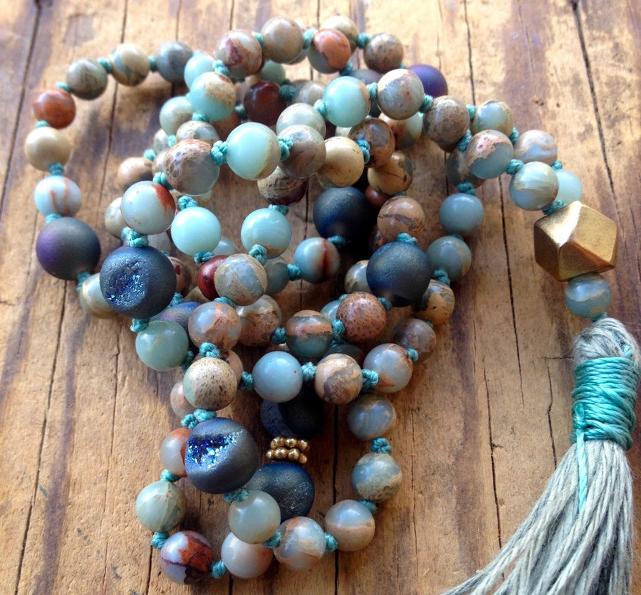 Mala Beads for Strength and Clarity African Opal and Druzy 108 Mala Necklace