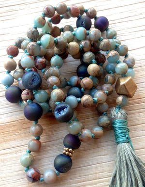 Mala Beads for Strength and Clarity African Opal and Druzy 108 Mala Necklace