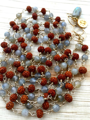 Boho 108 Wire Wrapped Rosary Style Labradorite and Rudraksha Long Mala Necklace for Balance, Clarity and Strength