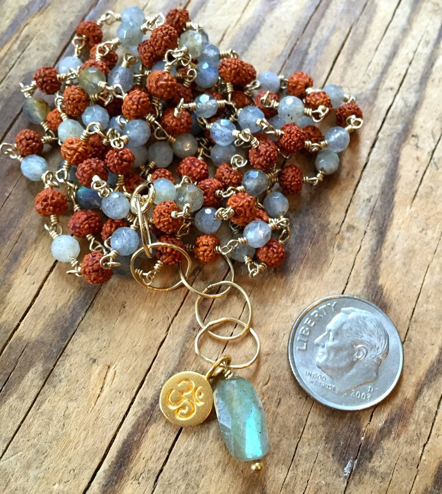 Boho 108 Wire Wrapped Rosary Style Labradorite and Rudraksha Long Mala Necklace for Balance, Clarity and Strength