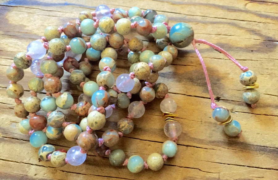 Rose Quartz and African Opal Mala Necklace to Open the Heart Chakra