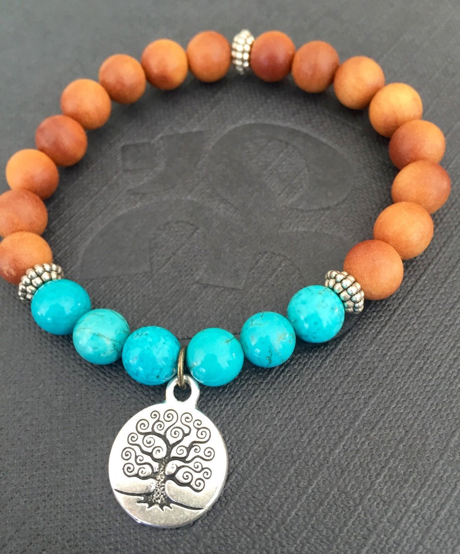 Boho Turquoise and Sandalwood Mala Bracelet with Tree of Life Symbol for Protection and Balance