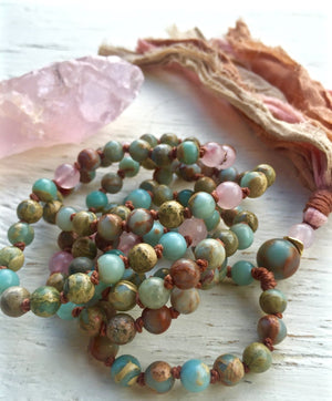 Mala Beads 108 African Opal Mala Rose Quartz Long Tassel Necklace Yoga Jewelry