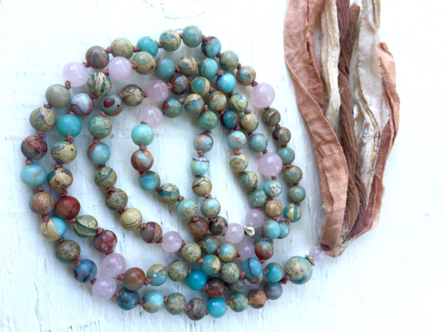 Boho Long Tassel African Opal and Rose Quartz Prayer Beads for Meditation and Spiritual Awareness