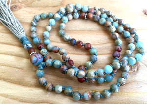 Sandalwood Tassel Necklace, Mala Beads African Opal Sandalwood Prayer Beads, October Birthstone Unisex Gift