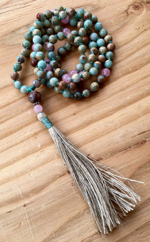 Bohemian African Opal and Rose Quartz Yoga Prayer Beads for Good Luck and Prosperity
