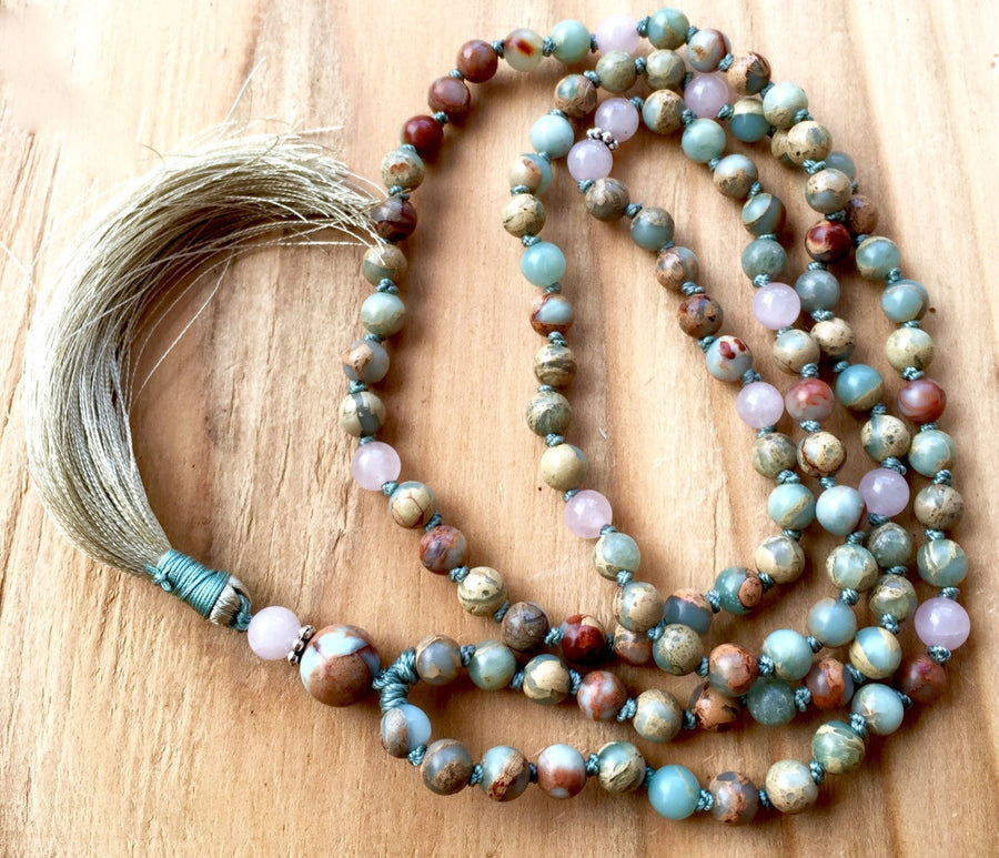 KNOTTED MALA BEADS 108 - African Opal Mala Beads, Rose Quartz - Heart Chakra Mala -Yoga Jewelry - October Birthstone, Root Chakra