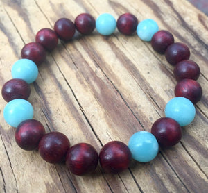Rosewood and Amazonite Stretch Mala Bracelet for Health, Wellness and Balance